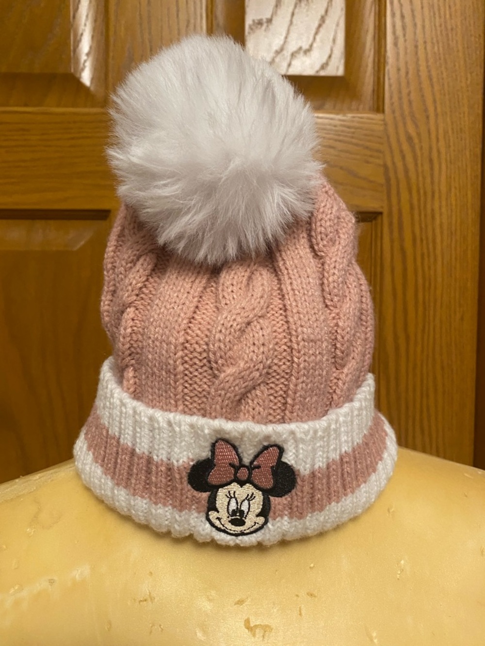 Disney Pink and White Minnie Pom Pom Cable Knit Beanie